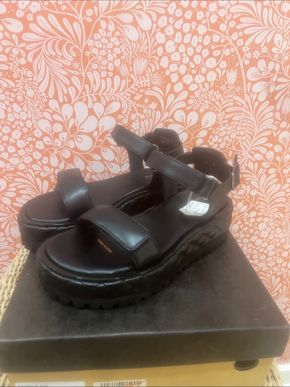 All Black Quilted Vel Platform Sandals with Adjustable Ankle Strap — Women
